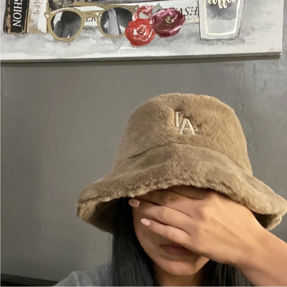 Fuzzy Brown Nude Color LA Bucket Hat with Adjustable Straps